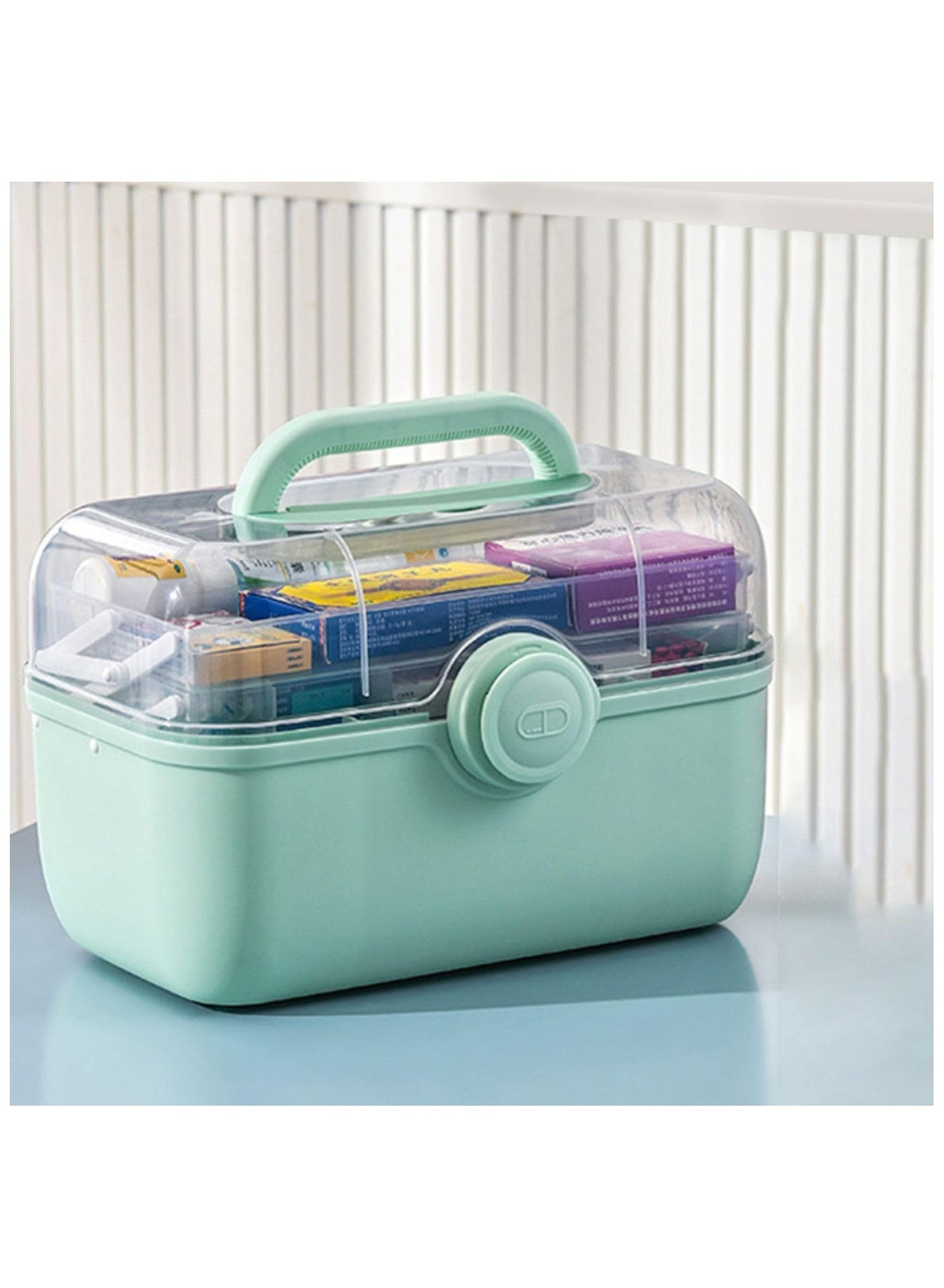 Medicine Storage Containers 3-Tier Fold Tray Plastic Medical Supply Organizer with Removable Pill Case & Handled, Empty Family First Aid Box for Medicine, Art, Family Emergency Kit [Green]