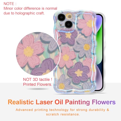 EYZUTAK Case for iPhone 13 Colorful Retro Oil Painting Flower Laser Glossy Design Cute Curly Waves Edge Exquisite Phone Cover Stylish Durable TPU Protective Case for Girls Women Pink Purple - Image 3
