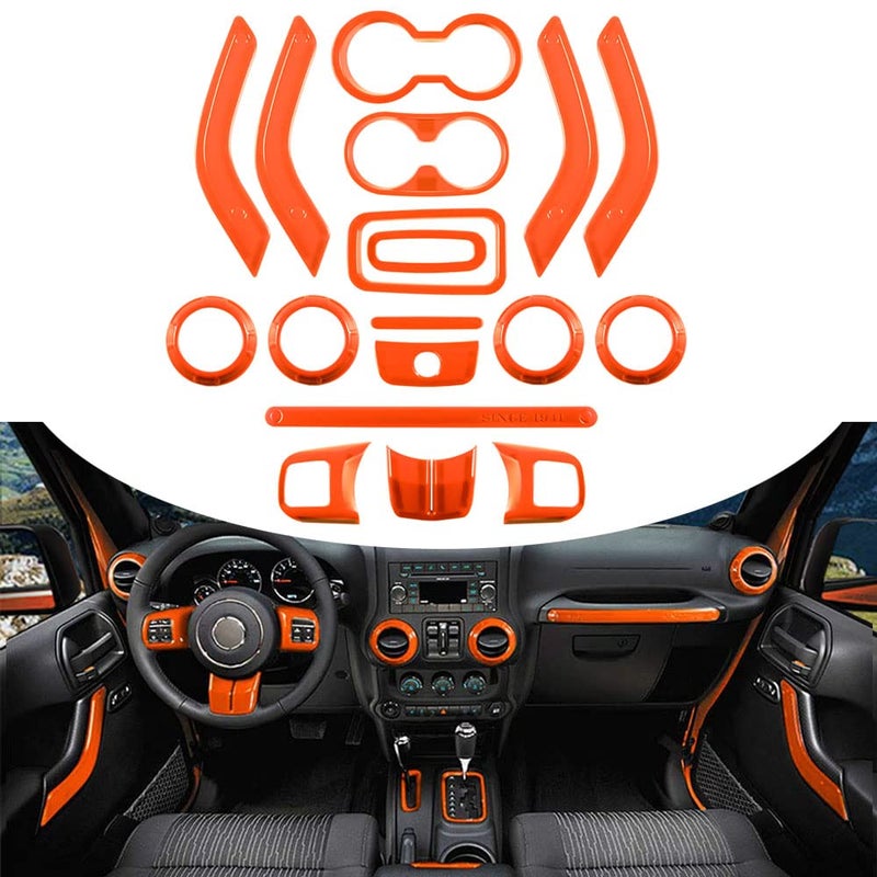 Opall 18PCS Full Set Interior Decoration Trim Kit Steering Wheel& Center Console Air Outlet Trim, Door Handle Cover Inner for Jeep Wrangler JK JKU 2011-2018 2 Door &4 Door (Orange) - Image 2