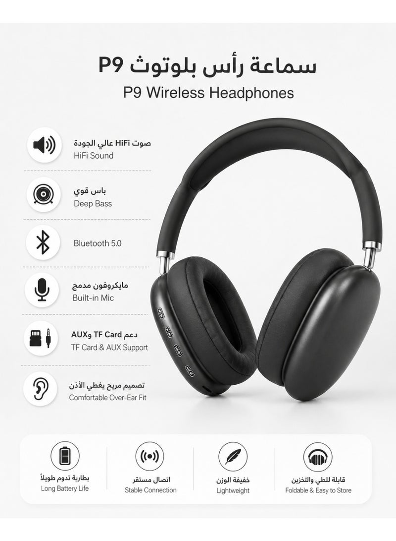 P9 Air Max P9 Wireless Over-Ear Bluetooth Headphones Black – HiFi Stereo Sound with Deep Bass, Mic, AUX & TF Card Support - Image 2