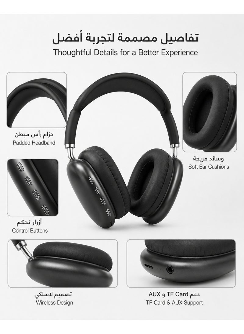 P9 Air Max P9 Wireless Over-Ear Bluetooth Headphones Black – HiFi Stereo Sound with Deep Bass, Mic, AUX & TF Card Support - Image 4