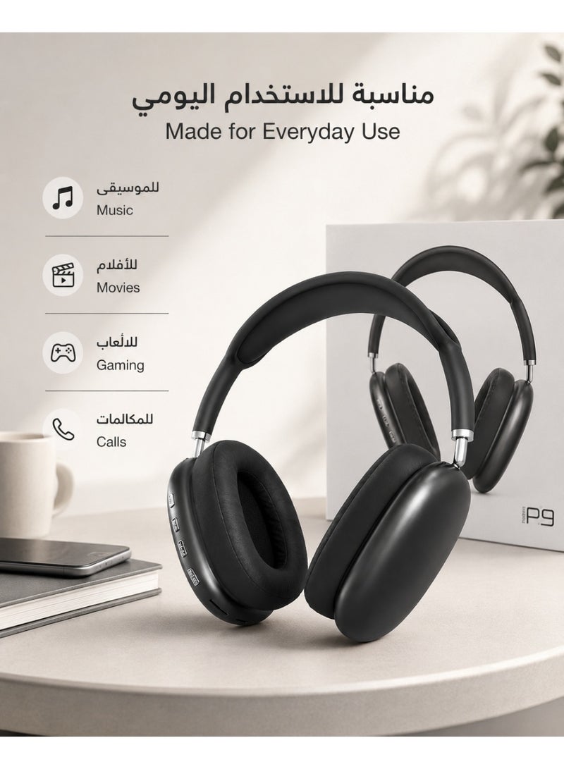 P9 Air Max P9 Wireless Over-Ear Bluetooth Headphones Black – HiFi Stereo Sound with Deep Bass, Mic, AUX & TF Card Support - Image 5
