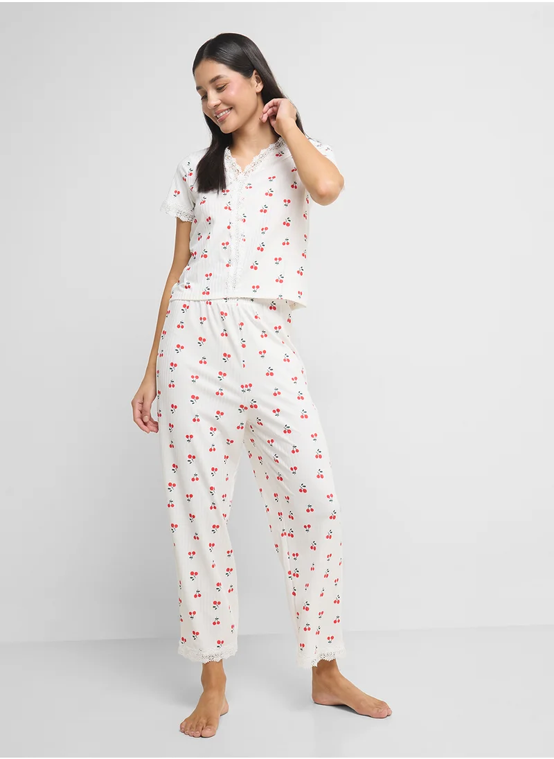 جينجر Cherry Print T-Shirt & Pyjama Set