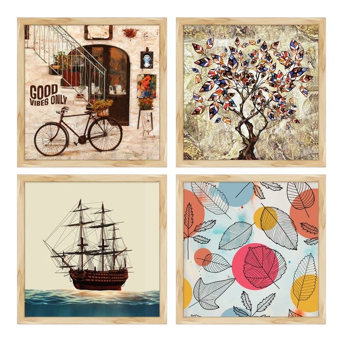 PAPER VINTAGE BIG WALL ART FRAME PAINTING MULTICOLOR CONTEMPORARY 13 X 13 IN EACH 26 X 26 IN COMBINED SET OF 4