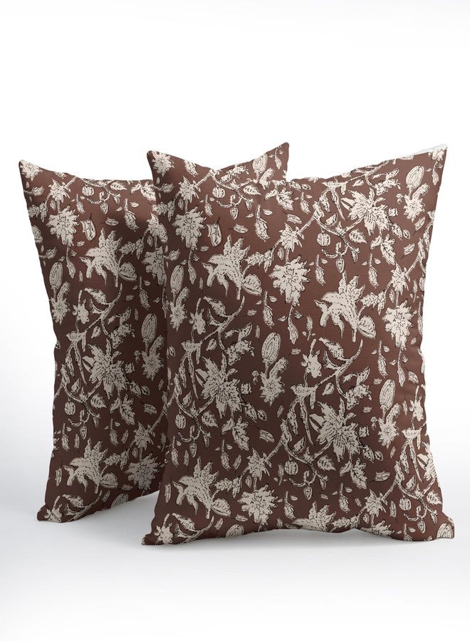 Granbey Brown Floral Block Print Throw Pillow Covers 18x18 Inch Set of 2 Vintage Boho Cottage Spring Fall Decor Cushion Cover Neutral Accent Modern Pillowcase for Home Bedroom Sofa Couch - Image 2