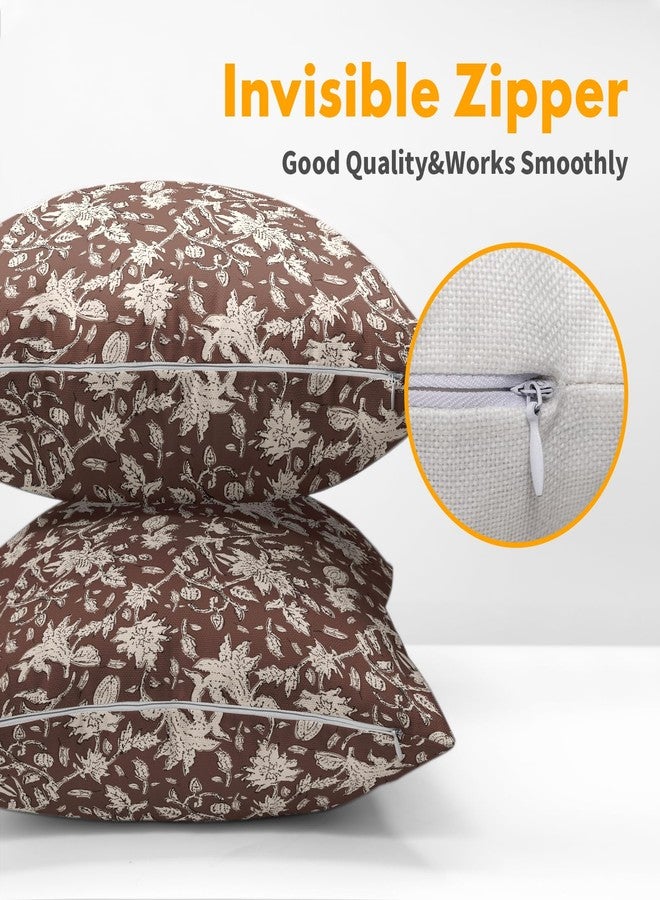 Granbey Brown Floral Block Print Throw Pillow Covers 18x18 Inch Set of 2 Vintage Boho Cottage Spring Fall Decor Cushion Cover Neutral Accent Modern Pillowcase for Home Bedroom Sofa Couch - Image 3