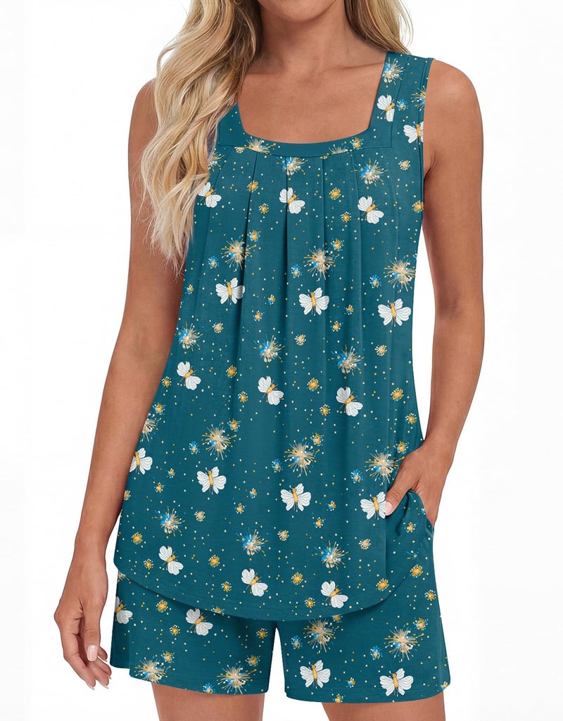 LONGYUAN Lounge Sets for Women 2025 Summer Pajama Set Sleepwear Pjs 2 Piece Lounge Soft Cute Nightwear Soft Blue Butterfly X-Large - Image 1