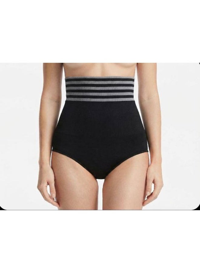 Women's High Waist Seamless Shapewear Brief - Tummy Control Corset Panty with Striped Elastic Waistband - Black - Free Size - Image 2