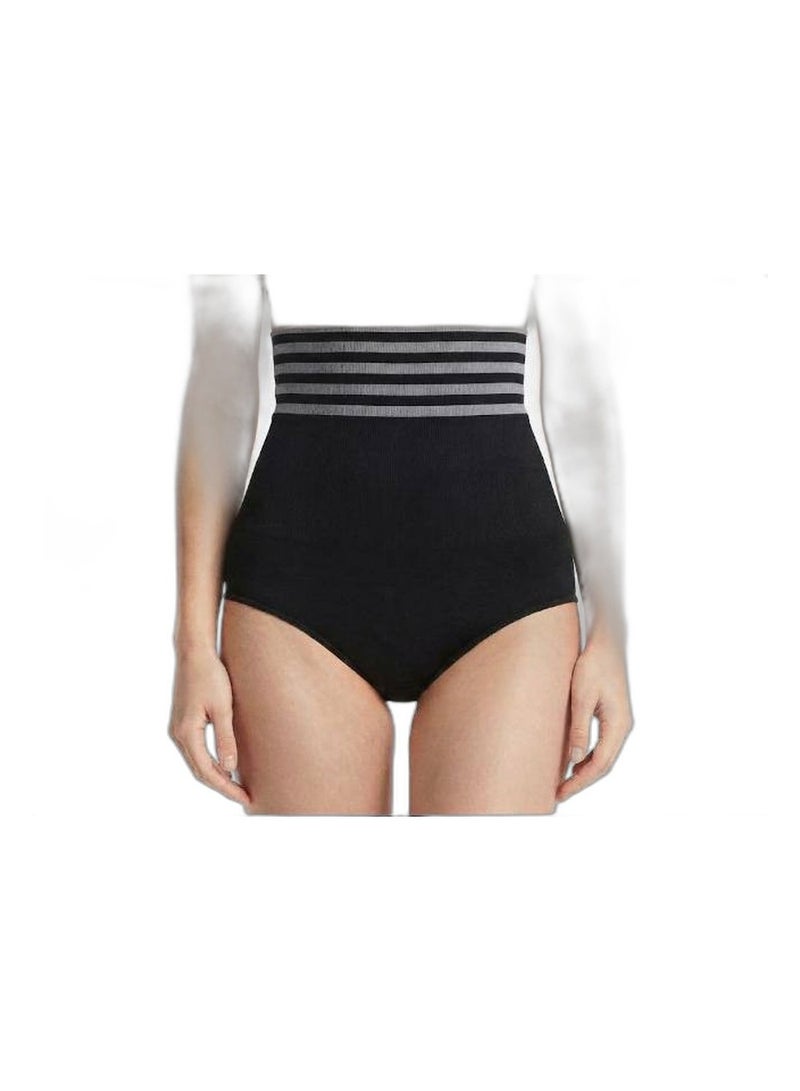 Women's High Waist Seamless Shapewear Brief - Tummy Control Corset Panty with Striped Elastic Waistband - Black - Free Size - Image 1
