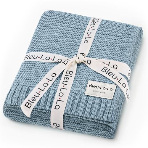 Bleu La La Organic Cotton Heritage Knit Receiving Blanket for Boys - 100% Luxury Soft Organic Cotton - Warm Cozy Swaddle Cuddle Blanket for Newborns Infants & Toddlers (0-2Yrs - Sky Blue) - Image 1