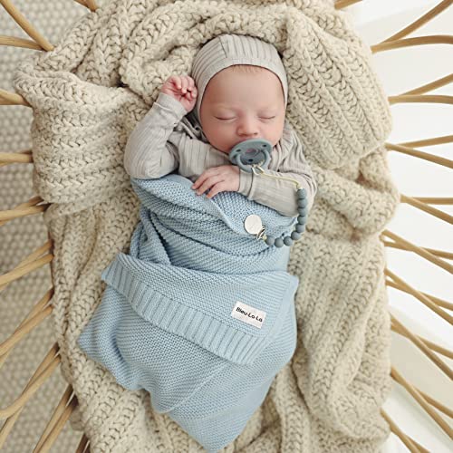 Bleu La La Organic Cotton Heritage Knit Receiving Blanket for Boys - 100% Luxury Soft Organic Cotton - Warm Cozy Swaddle Cuddle Blanket for Newborns Infants & Toddlers (0-2Yrs - Sky Blue) - Image 4