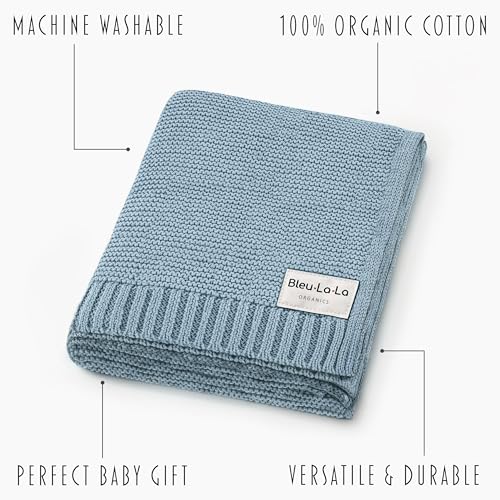 Bleu La La Organic Cotton Heritage Knit Receiving Blanket for Boys - 100% Luxury Soft Organic Cotton - Warm Cozy Swaddle Cuddle Blanket for Newborns Infants & Toddlers (0-2Yrs - Sky Blue) - Image 3