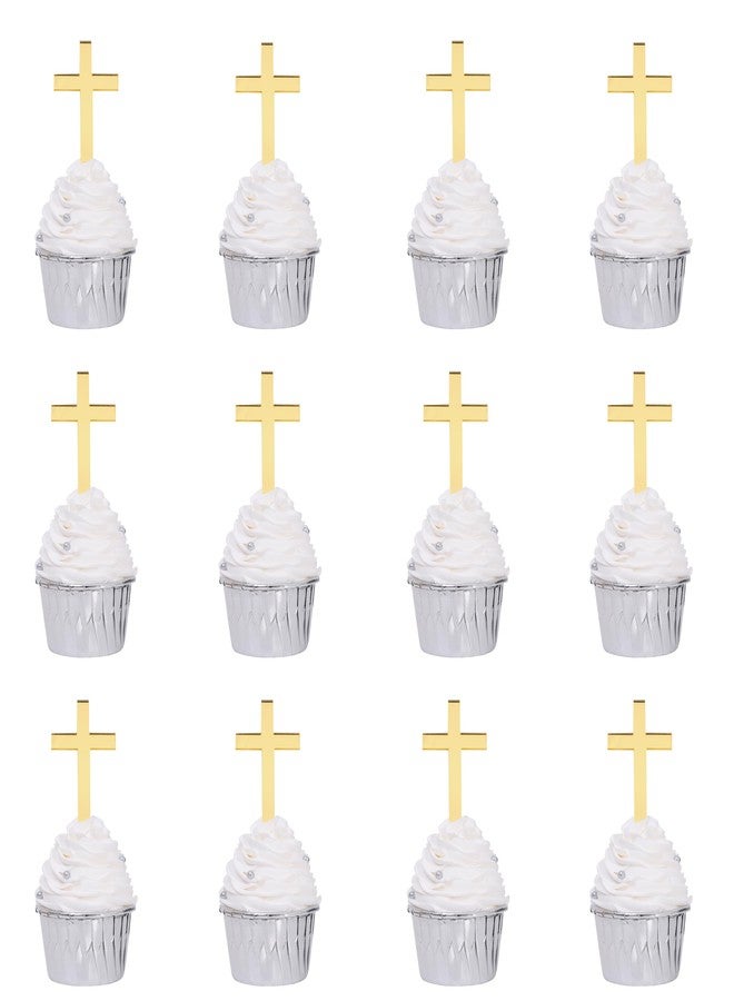 Jissoo 12Pcs Cross Cupcake Toppers - Religious Baptism Party Decorations,Acrylic Gold Cross Cupcake Toppers,First Communion Party Cake Topper,God Bless Birthday Wedding Party Photo Props - Image 1