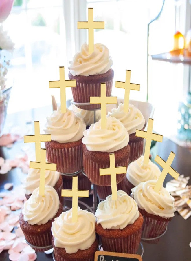 Jissoo 12Pcs Cross Cupcake Toppers - Religious Baptism Party Decorations,Acrylic Gold Cross Cupcake Toppers,First Communion Party Cake Topper,God Bless Birthday Wedding Party Photo Props - Image 3