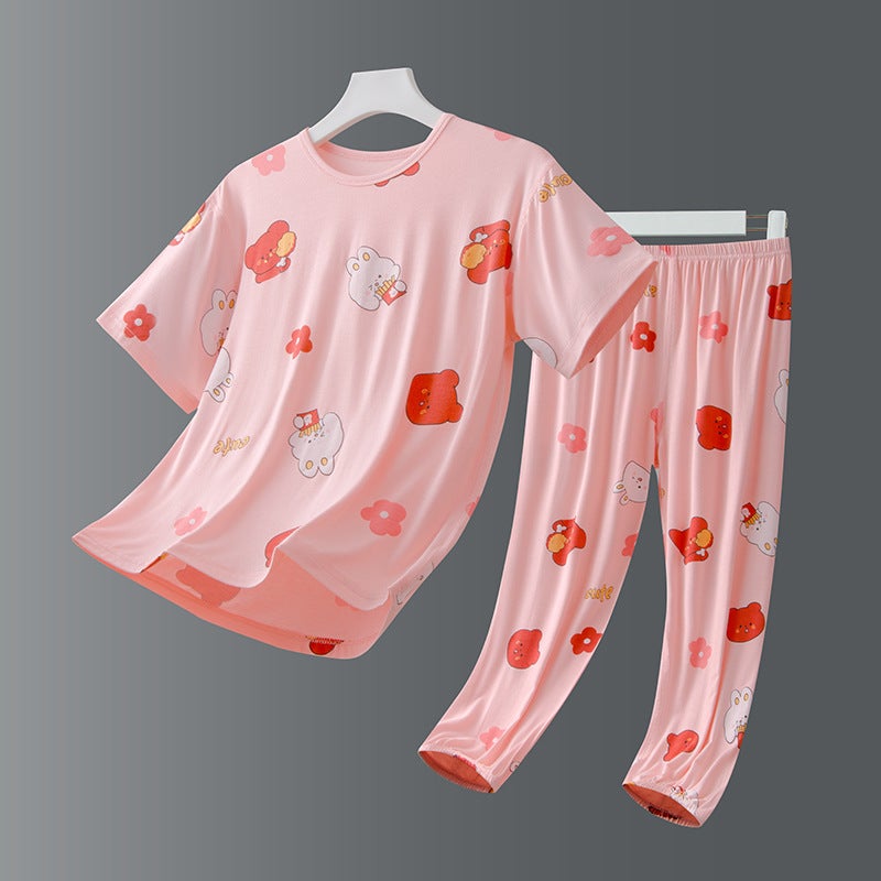 Children's Home Suit Summer Thin Girls' Boys' Middle-aged Children's Two-piece Soft Slide Home Long-sleeved Air-conditioning Suit - Image 1