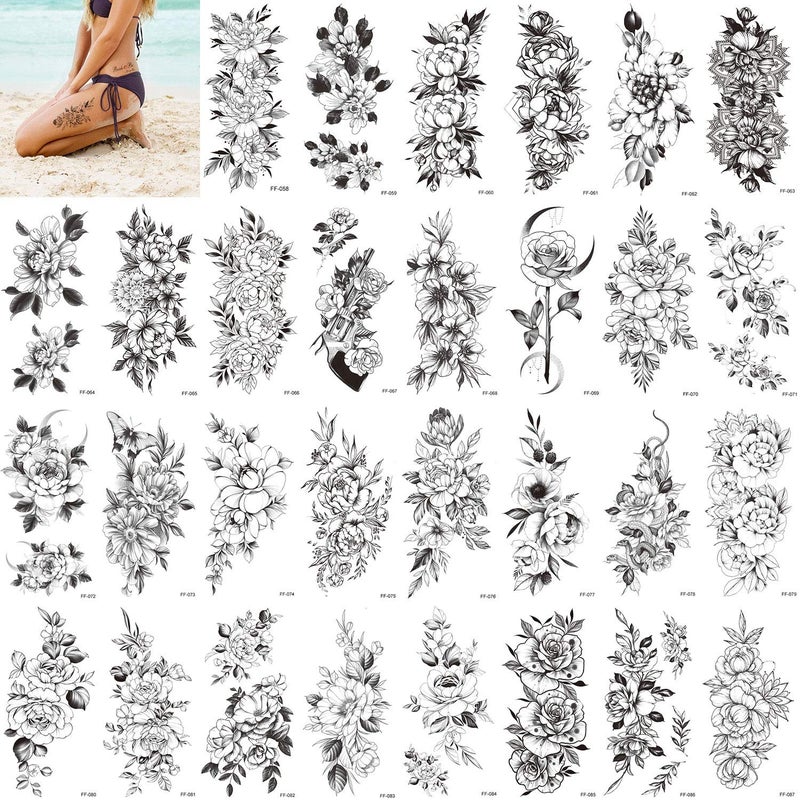 Pinone 30 Pcs Flower Temporary Tattoo Sticker For Woman,Beautiful Floral Fake Tattoo