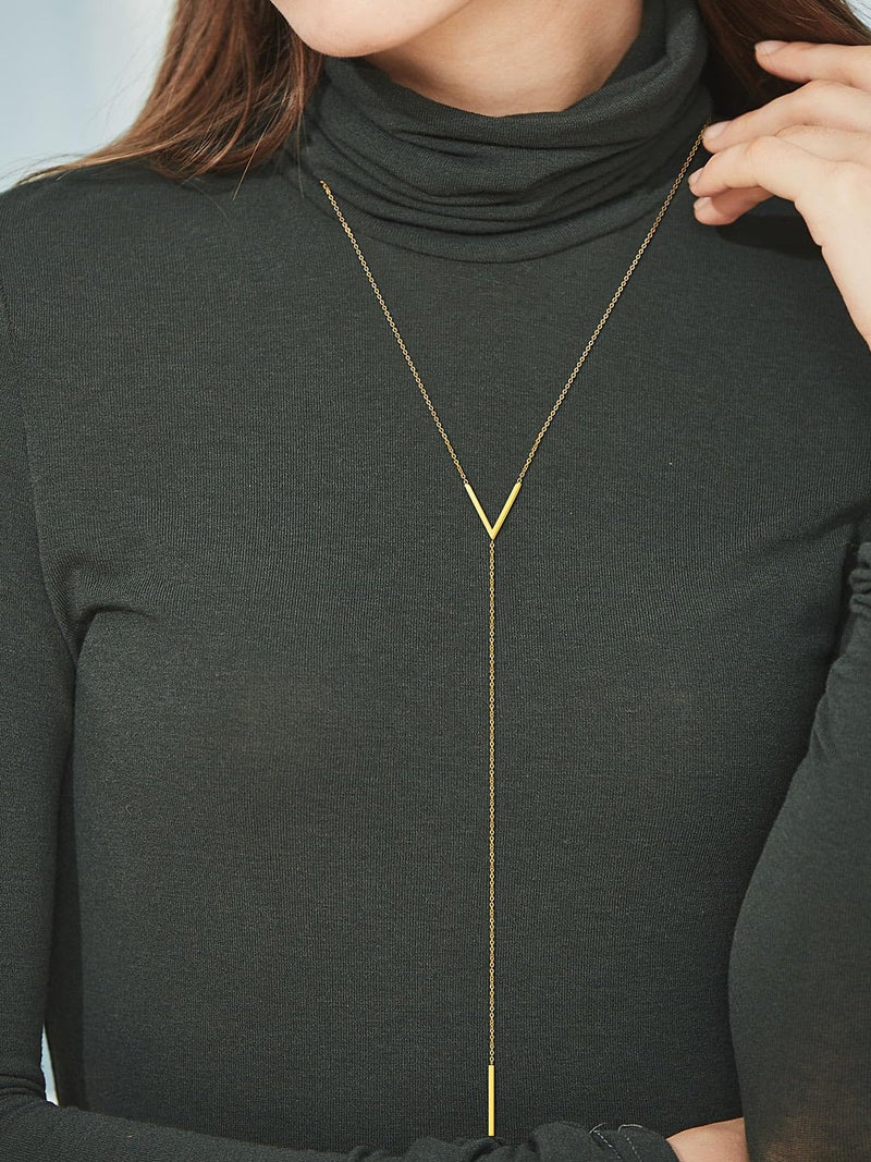 FOCALOOK Bar Pendant Y Gold Necklace Hypoallergenic Stainless Steel 14K Gold Plated Minimalist Dangle Extra Long Pendant Lariat Necklaces for Women - Image 4