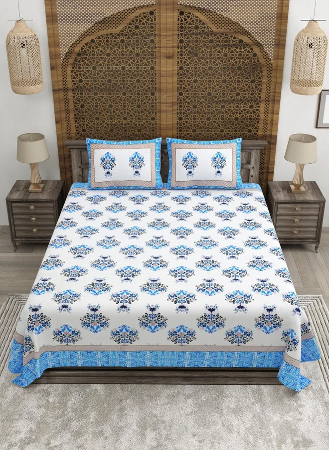 CLOTHOLOGY CLOTHOLOGY Blue & White Printed Pure Cotton 180 TC King Bedsheet Set