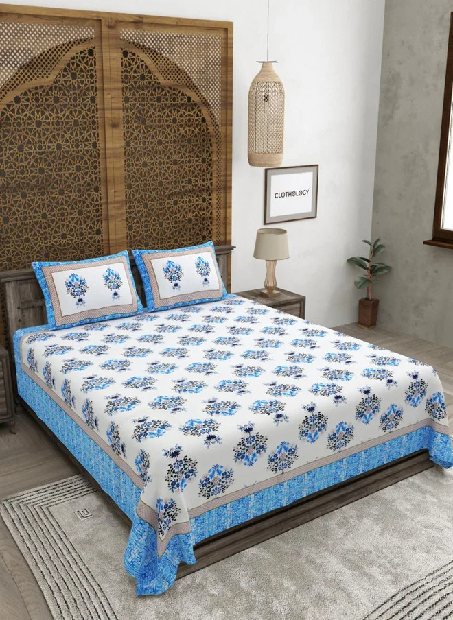 CLOTHOLOGY CLOTHOLOGY Blue & White Printed Pure Cotton 180 TC King Bedsheet Set