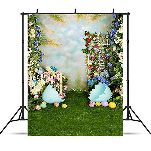 Qian 5x7ft Spring Easter Backdrops for Photography Rabbit Colorful Eggs Flower Wooden Wall Grass Backdrop Baby Shower Photo Background Kids Newborn Birthday Party Banner Decorations Studio Booth Props - Image 3