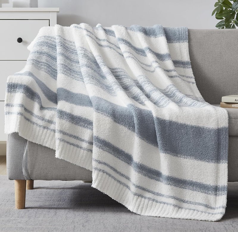 WRENGONGE Grey Blue Throw Blanket 50x70 Soft Cozy Striped Throw Blankets for Couch Sofa Bed Travel Lightweight Fluffy Warm Plush Decorative Blankets for Women Men Gift
