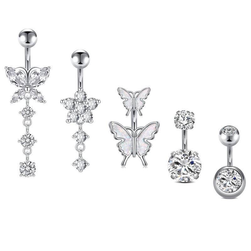 Incaton 14G Belly Button Rings, Stainless Steel Diamond Belly Rings For Women, Dangle Belly Button Rings With Butterfly, 6mm Short Bar Navel Piercings Silver 6mm - Image 1