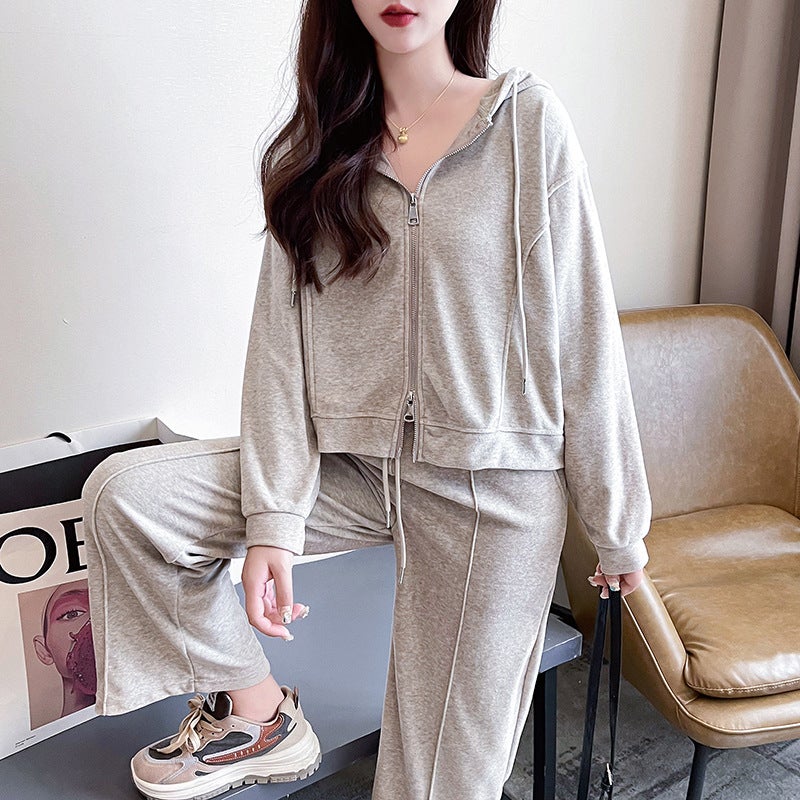 2023 New Solid Color Hooded Short Casual Long Sleeve Sweatshirt Coat Wide Leg Pants Womens Autumn Fashion suit Picture Color