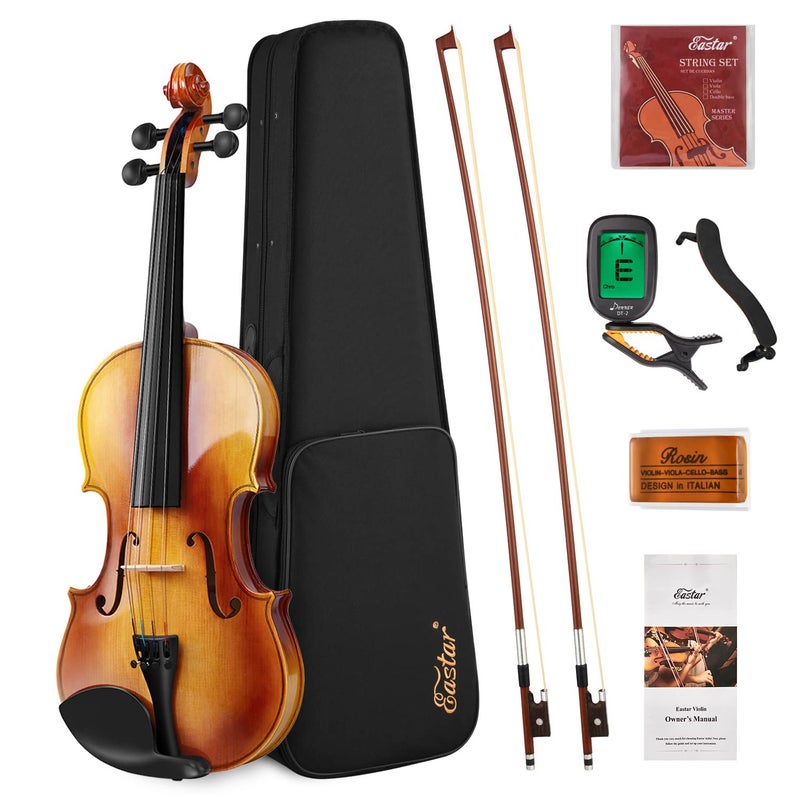 Eastar 44 Violin Set Full Size Fiddle Solidwood for Adults with Hard Case Shoulder Rest Rosin Two Bows Clipon Tuner and Extra Strings EVA330