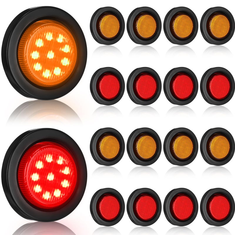 Treela 16 Pcs 2 Inch LED Marker Lights Waterproof Sealed 10 LEDs Round Trailer Light with Rubber Flush Mount Grommet 2 Prong Wire Pigtails for RV Truck Semi Trailer Side Tail Lights Red and Amber
