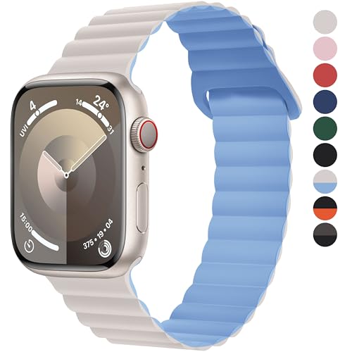 Fullmosa Soft Silicone Magnetic Bands Compatible with Apple Watch Strap 41mm 40mm 38mm 42mm(Series 10 11), Sport Band for iWatch SE3 SE2 SE Series 11 10 9 8 7 6 5 4 3 2 1,lvory/Mist Blue [NO Watch] - Image 1