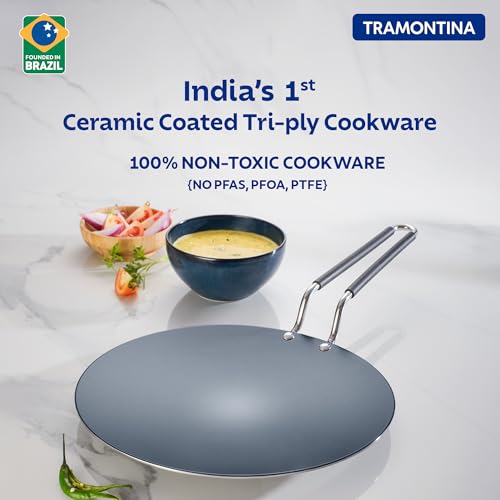 TRAMONTINA FUSAO EX+ 26cm Triply Stainless Steel Ceramic Coated Concave Tawa | Roti Tawa | Tawa for Chapati, Phulka, Paratha | Gas/Induction Compatible Cookware | Stay Cool Handle | 10 Year Warranty* - Image 2