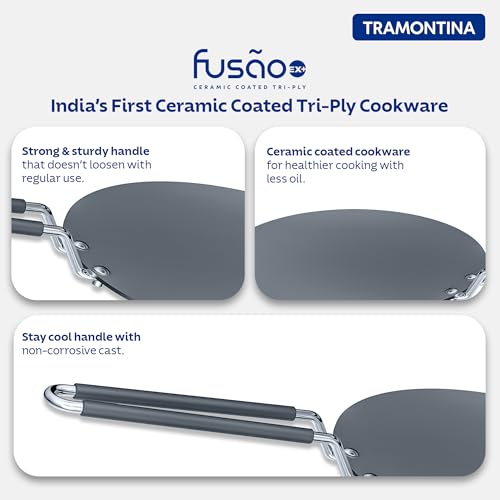 TRAMONTINA FUSAO EX+ 26cm Triply Stainless Steel Ceramic Coated Concave Tawa | Roti Tawa | Tawa for Chapati, Phulka, Paratha | Gas/Induction Compatible Cookware | Stay Cool Handle | 10 Year Warranty* - Image 4