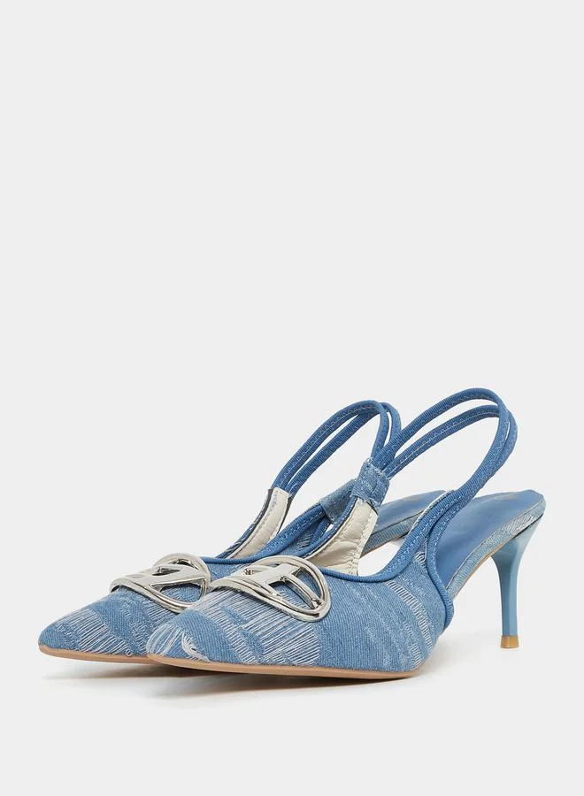 Styli Metal Accent Denim Slingback Heel Pump
