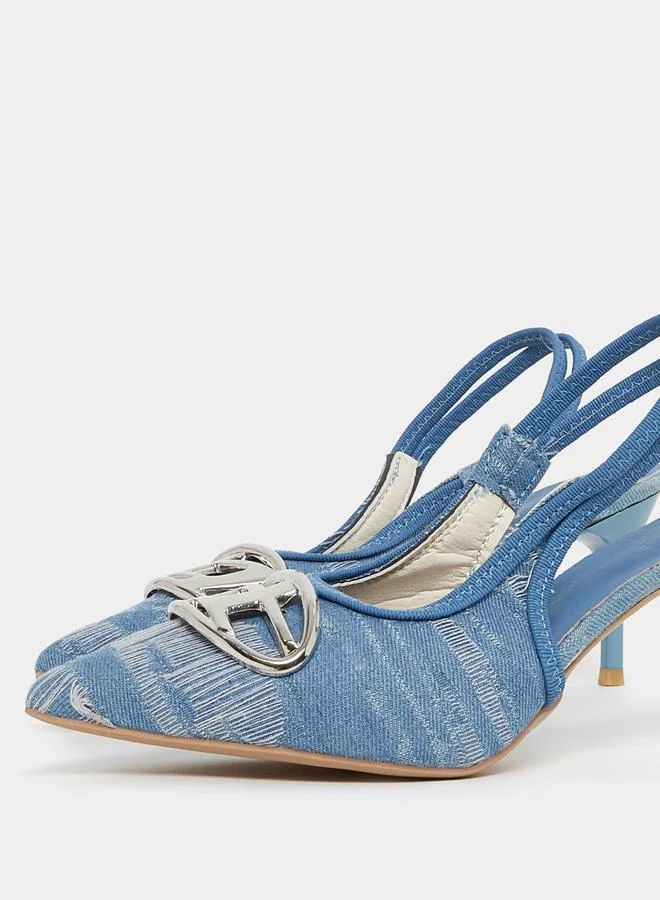 Styli Metal Accent Denim Slingback Heel Pump