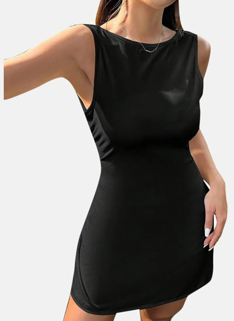 YUNIQEE Black Solid Sleeveless Round Neck Mini A-Line Dress