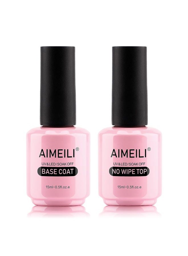 AIMEILI Soak Off Long Lasting Hema-Free U V LED Gel Nail Polish Cruelty Free Vegan Shine Finish No Wipe Top and Base Coat Set - 2 x 15ml - Image 1