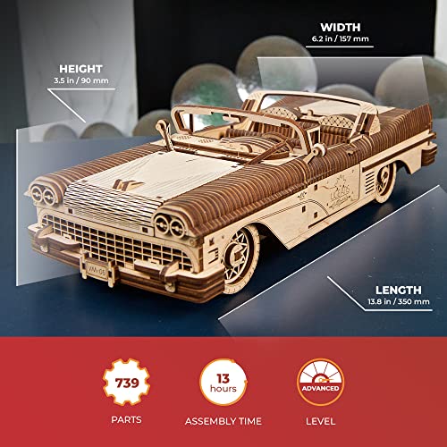 UGEARS Dream Cabriolet VM05 Wooden 3D Puzzles for Adults 3D Wooden Puzzles for Adults Mechanical Model Car Kit Retro 1950s Inspired DIY Craft 3D Puzzle - Image 5