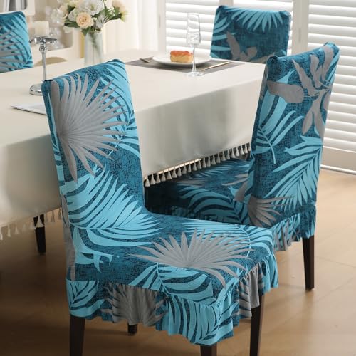 HOKIPO Polyester Blend 140 Gsm Fully Covered Chair Cover Set Of 1 With Frill, Sea Blue Tropical Leaves (Ar-5133-D10) - Image 3