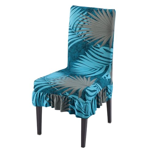 HOKIPO Polyester Blend 140 Gsm Fully Covered Chair Cover Set Of 1 With Frill, Sea Blue Tropical Leaves (Ar-5133-D10) - Image 1