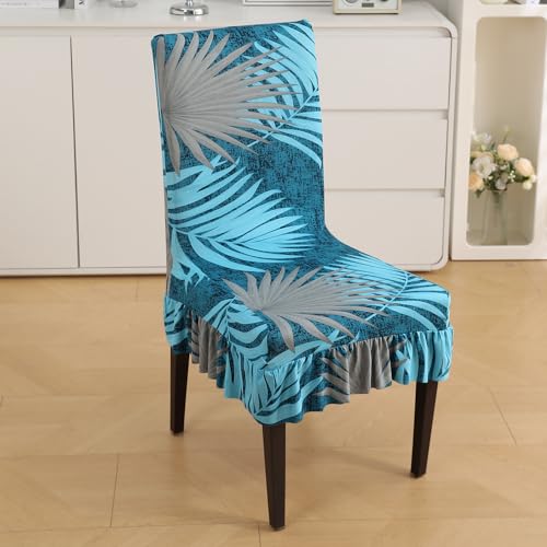 HOKIPO Polyester Blend 140 Gsm Fully Covered Chair Cover Set Of 1 With Frill, Sea Blue Tropical Leaves (Ar-5133-D10) - Image 2