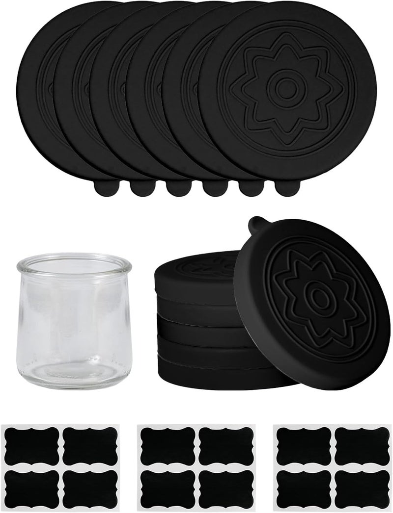 TERESRY 12 Pack Silicone Oui Yogurt Jar Lids with 12 Labels, Food-Grade Lids for 5Oz Oui Yogurt Jars, Reusable Silicone Canning Covers Perfect for Oui Yogurt Bottle, Black (Jar not Includ) - Image 1