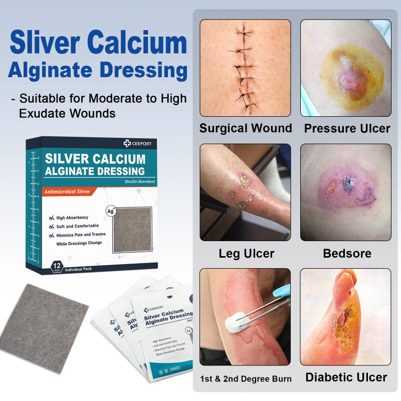 Ceeport 2 "x 2" Ag Silver Calcium Alginate Wound Dressing Pads, 12 Individual Pack Highly Absorbent Painless Removal Dressing, Soft Silver Dressings for Wound Care, Non-Stick Gauze Pads for Wounds - Image 5
