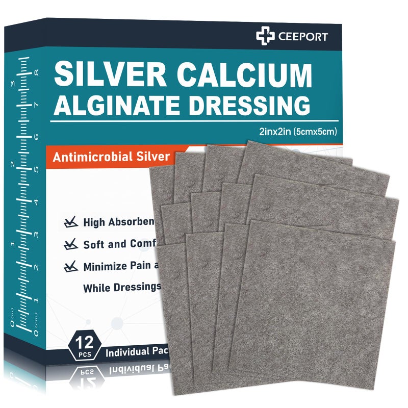 Ceeport 2 "x 2" Ag Silver Calcium Alginate Wound Dressing Pads, 12 Individual Pack Highly Absorbent Painless Removal Dressing, Soft Silver Dressings for Wound Care, Non-Stick Gauze Pads for Wounds - Image 1