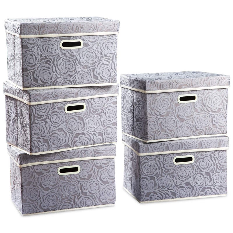 PRANDOM Foldable Storage Bins with Lids 5Pack Fabric Decorative Storage Box Cubes Organizer Containers Baskets with Cover Handles Divider for Bedroom Closet Living Room Grey 149x98x98 Inch