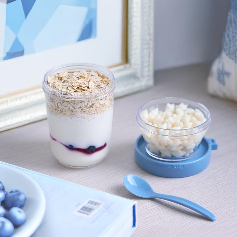 Felli On the Go Yogurt Parfait Snack Cup with Lid 100% Leak Proof, Reusable Travel Container with Spoon + Fruit & Granola Holder for To Go Cereal, Overnight Oats, Chia Pudding Jar (2, Blue Moon) - Image 2