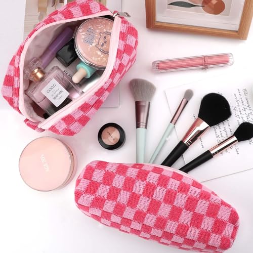 EIMMBD Makeup Bag 3 Pieces Large Capacity Checkered Cosmetic Bags Canvas Travel Toiletry Bag Organizer Cute Makeup Pouch Storage for WomenRose - Image 3