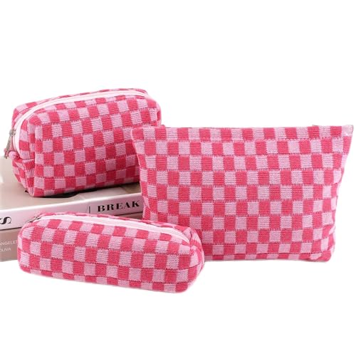 EIMMBD Makeup Bag 3 Pieces Large Capacity Checkered Cosmetic Bags Canvas Travel Toiletry Bag Organizer Cute Makeup Pouch Storage for WomenRose - Image 1