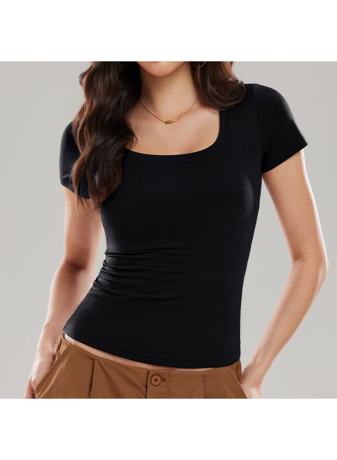 American-style Straight-shoulder Short-sleeve T-shirt For Women, Summer New U-neck Short Tight-fitting Sports Yoga Top