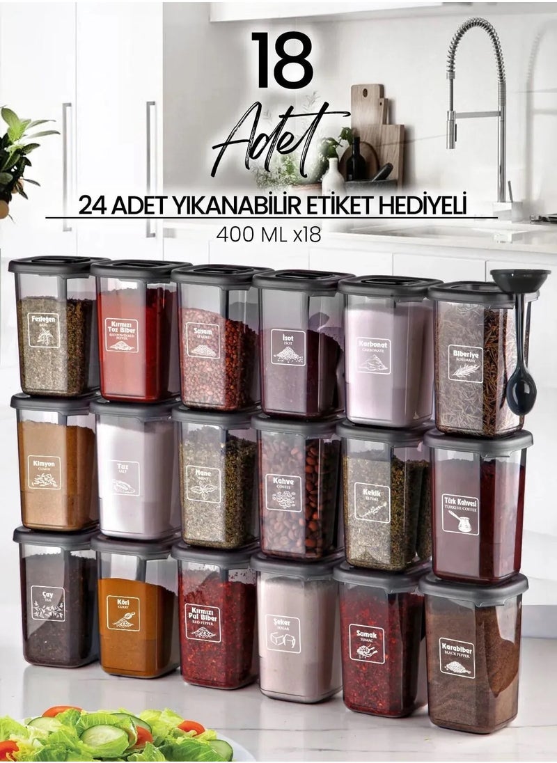 Farika Porselen - 18-Piece Spice Jar Set with Azure Label and Self-Spoon 400ml - Image 1