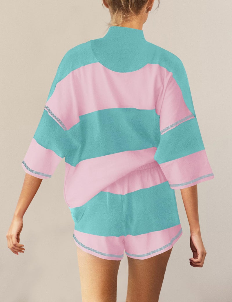 Panadila Women Striped Workout Set Two Piece Outfit Tracksuit Oversized Lounge Set Top and Shorts Sets with Pockets(Blue Purple Combo,M) - Image 3